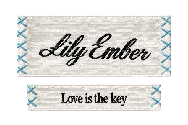 Embroidered labels reading “Lily Ember” and “Love is the key”